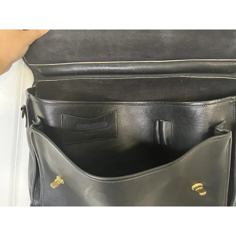 Vintage Laura USA Black Leather Briefcase Laptop Bag Work Satchel